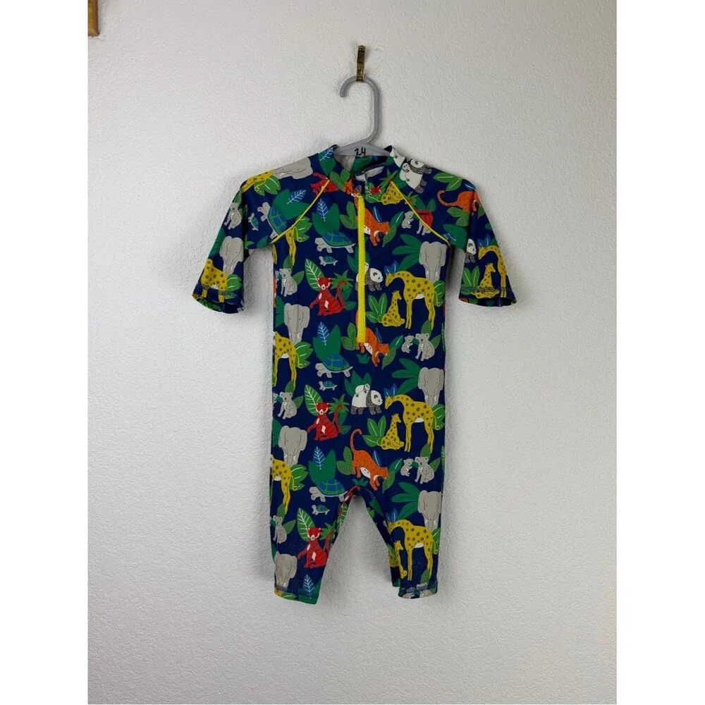 Baby Boden Zipper Fun Sun Safe Surf Swim Suit Animal Safari Print Blue 12-18m